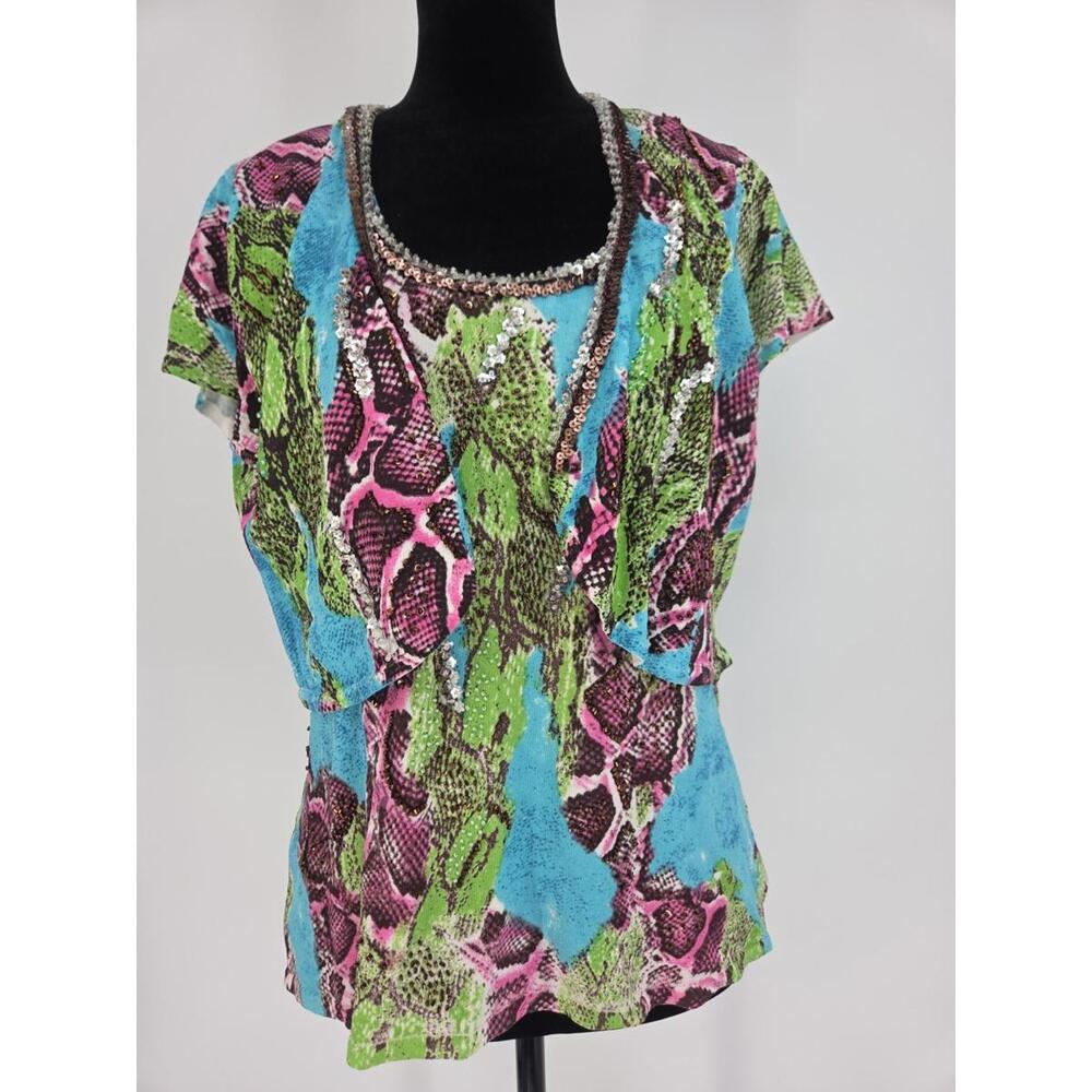 Vtg Alberto Makali Cardigan Set XL Pink Blue Green Snake Print 2 Piece Set Y2K
